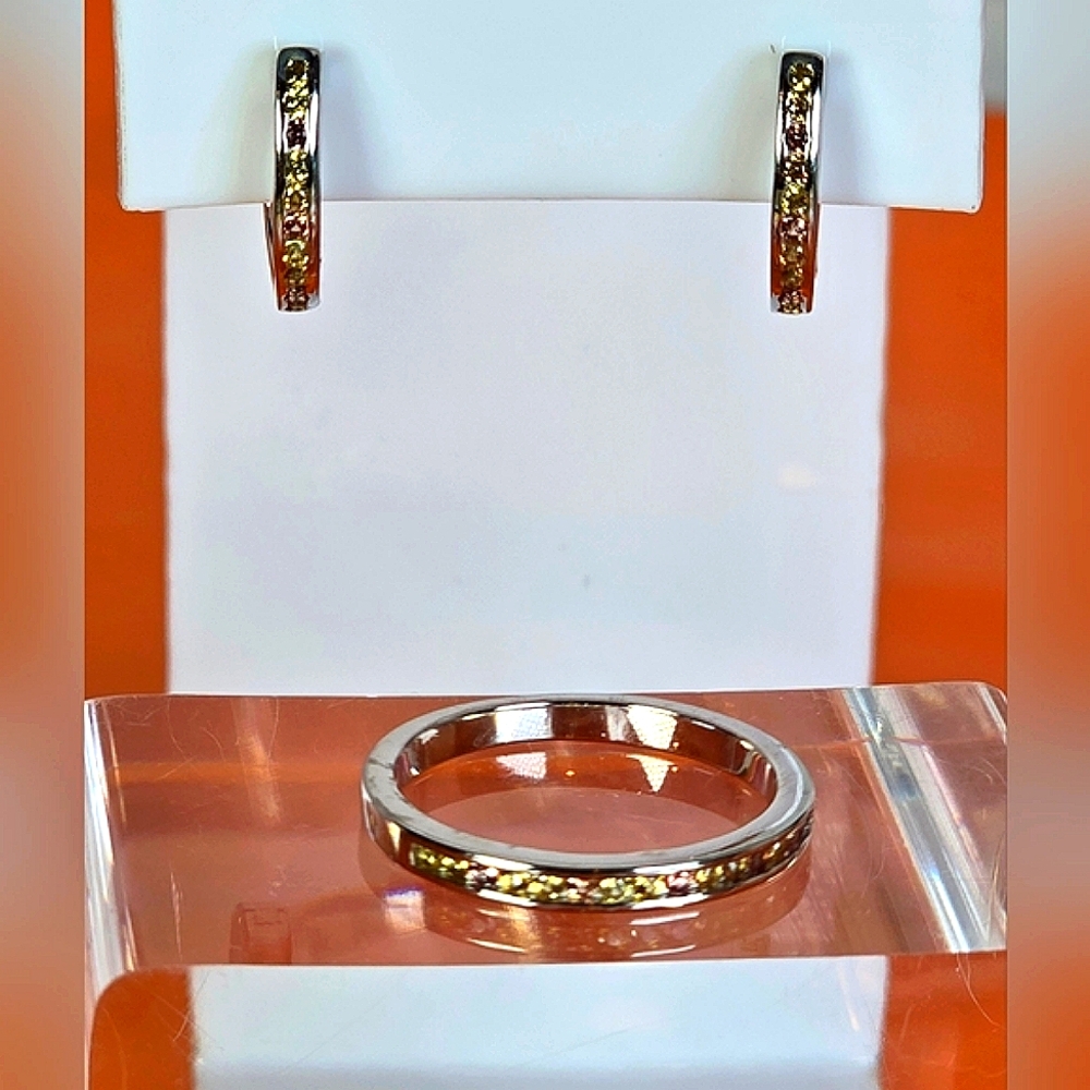 925 Sterling Silver Jewelry Set ( Earrings/ Ring 7.5 ) with Natural Sapphire